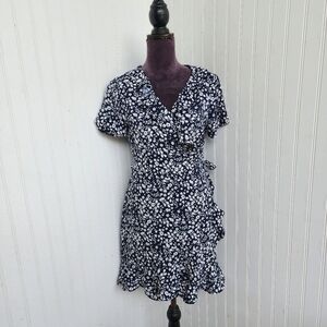 Ann Taylor LOFT Floral Surplice V-Neck Wrap Ruffle Mini Dress Navy White Tie MP